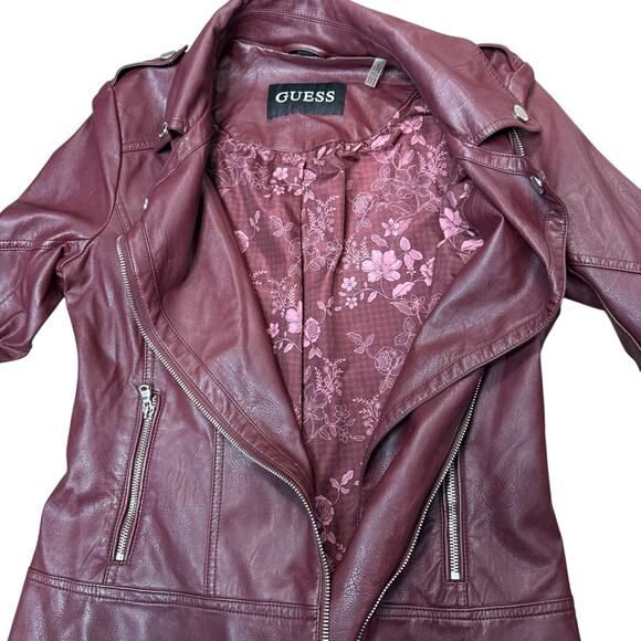 Guess Faux Leather Maroon Zip Up Women's Moto Jacket - Picture 5 of 7